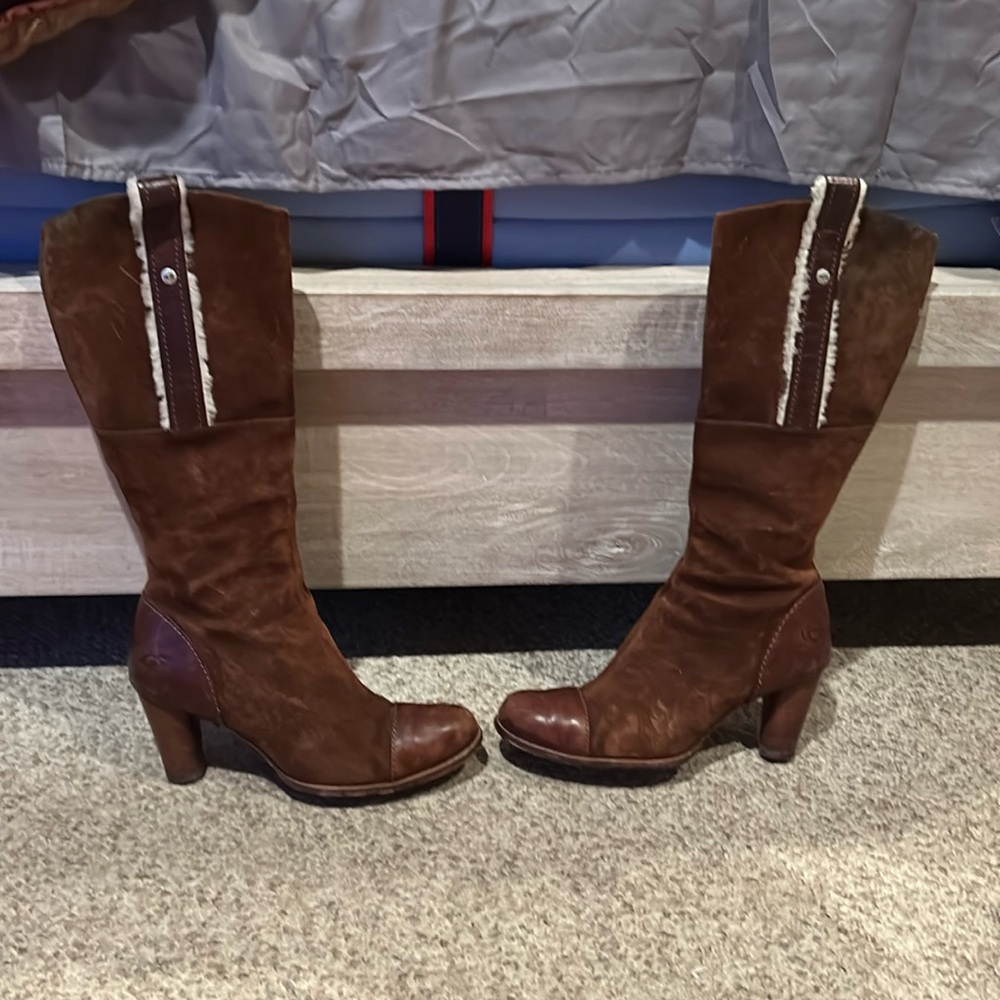 UGG Brown Heeled Boots with Shearling Trim